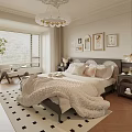 Elegant Modern Bedroom Interior With Cozy Bed Pillows Chandelier Decorative Paintings And Area Rug